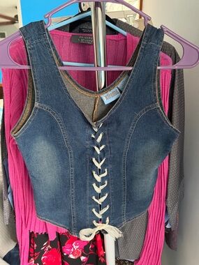 Extreme; Dark Blue Denim Lace-Up Corset Tank with White Laces